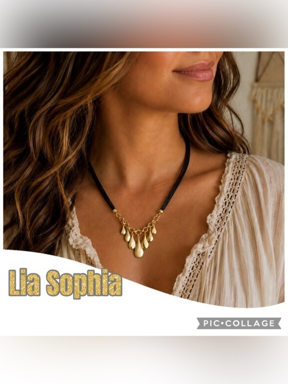 Lia Sophia Jamboree Necklace Gold-Tone Teardrop with Triple Leather Cord NWOT